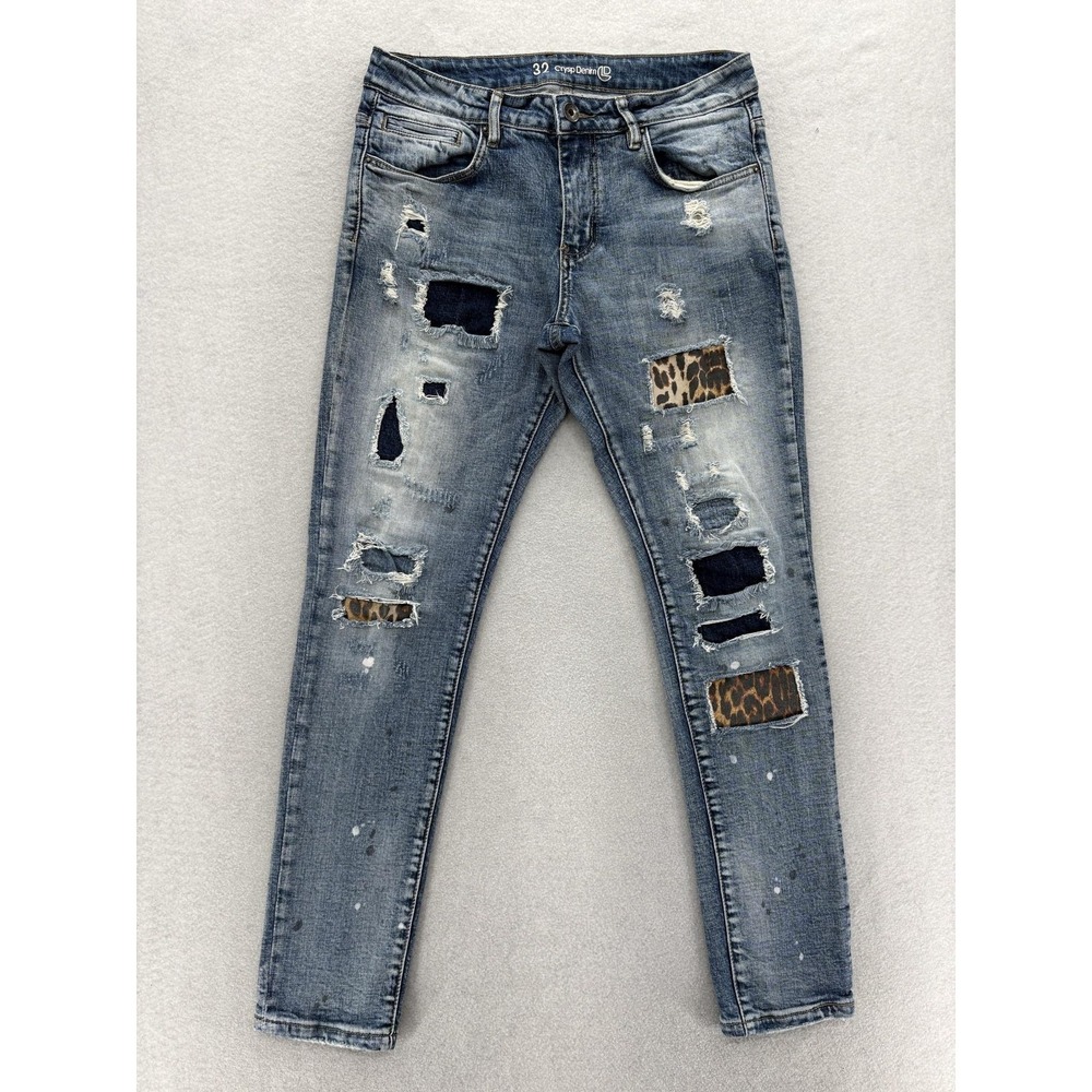 Crysp Denim Skinny Jeans Mens 32x31 Blue Distressed Leopard Stretch Denim Grunge
